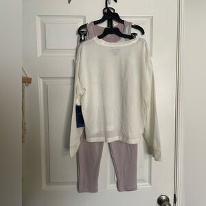 NWT Reebok 3 Piece Workout Set Cream Mesh Top & Mauve Pink&Blue Top and Pants